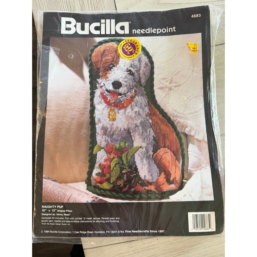 Bucilla Naughty Pup Needlepoint Kit 4683 Nancy Rossi 1994 Dog Shaped Pillow New